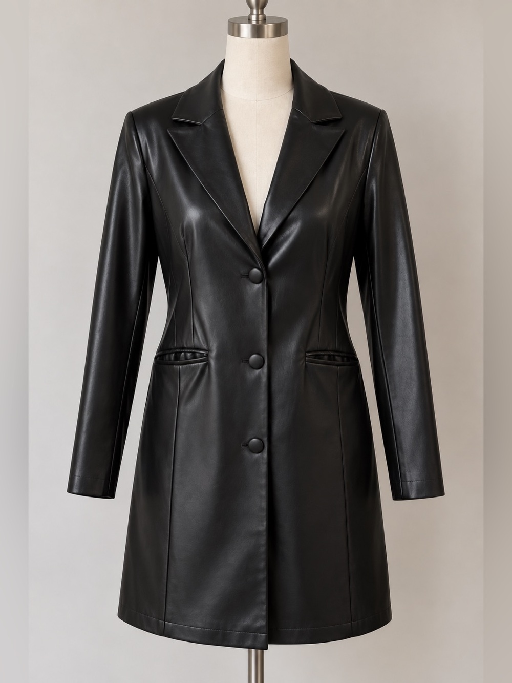 Avec Les Filles Black Faux Leather Long Blazer Jacket